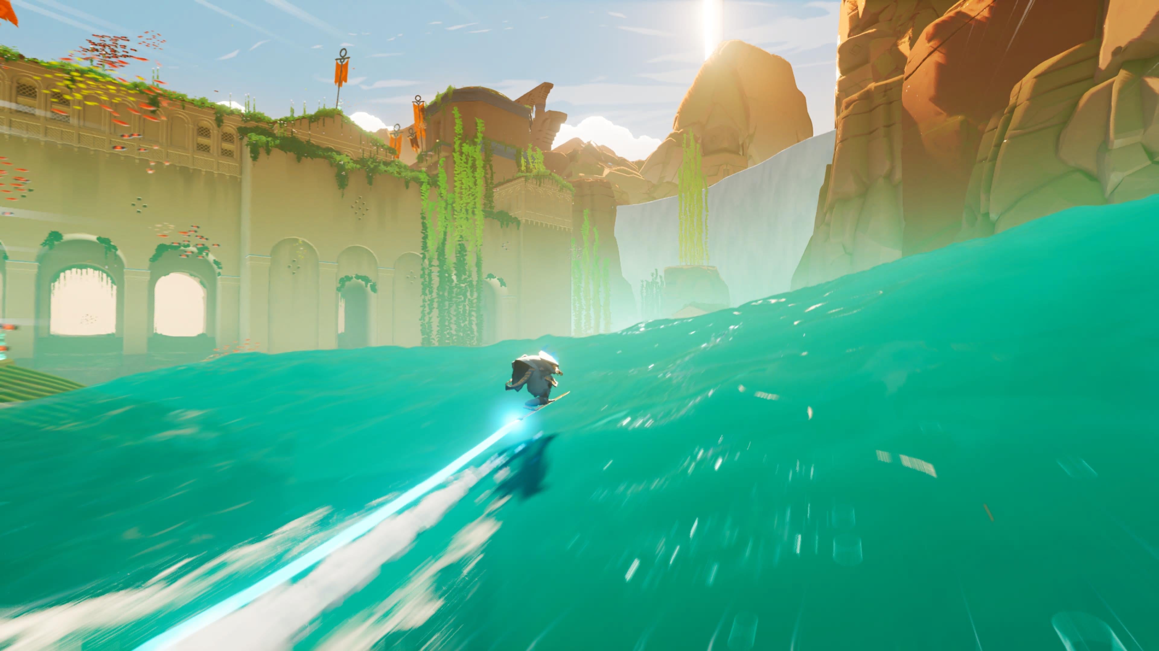 Sword of the Sea screenshot showing you surfing rapidly on fresh water