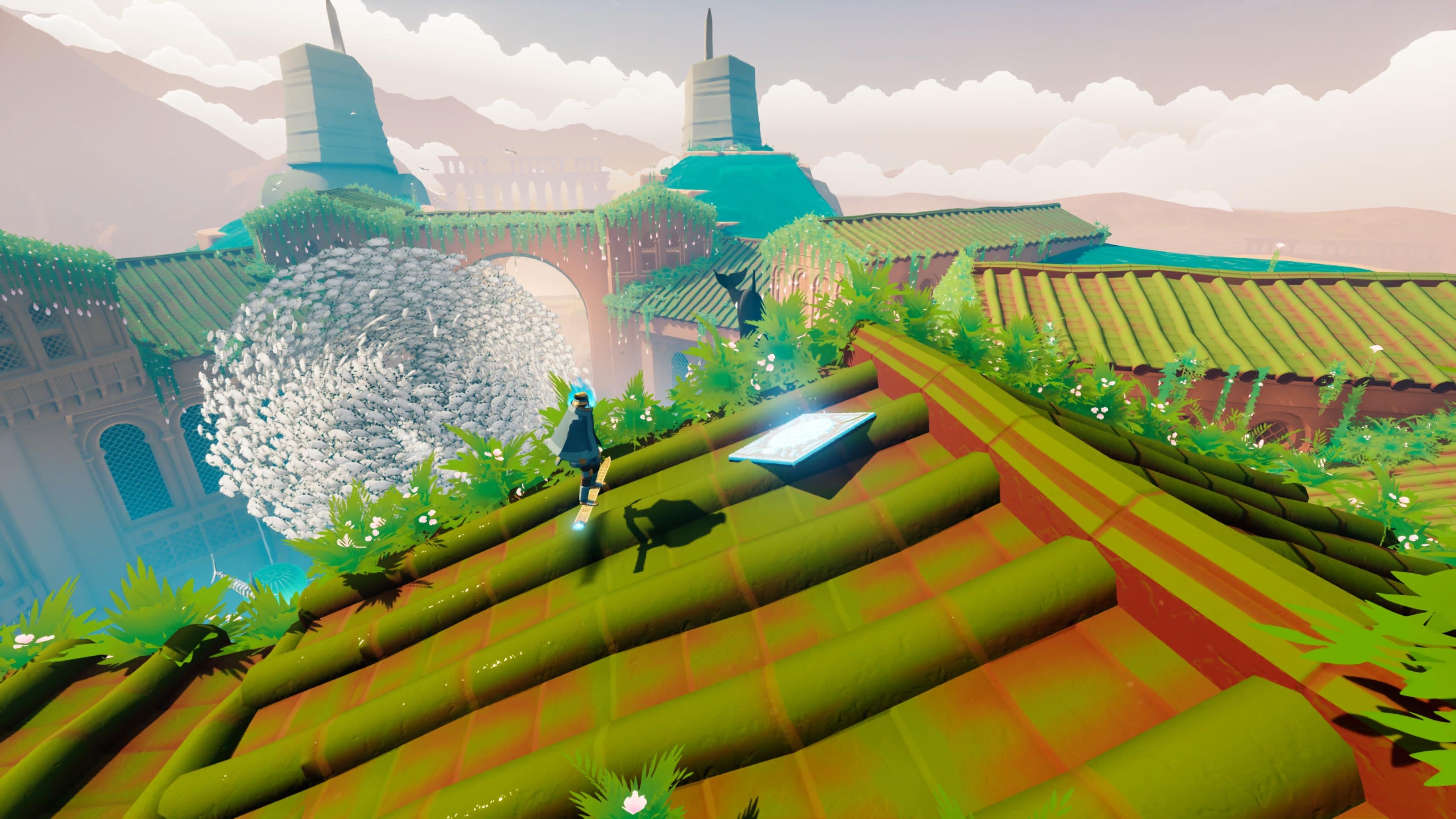 Sword of the Sea screenshot showing you on mossy rooftops