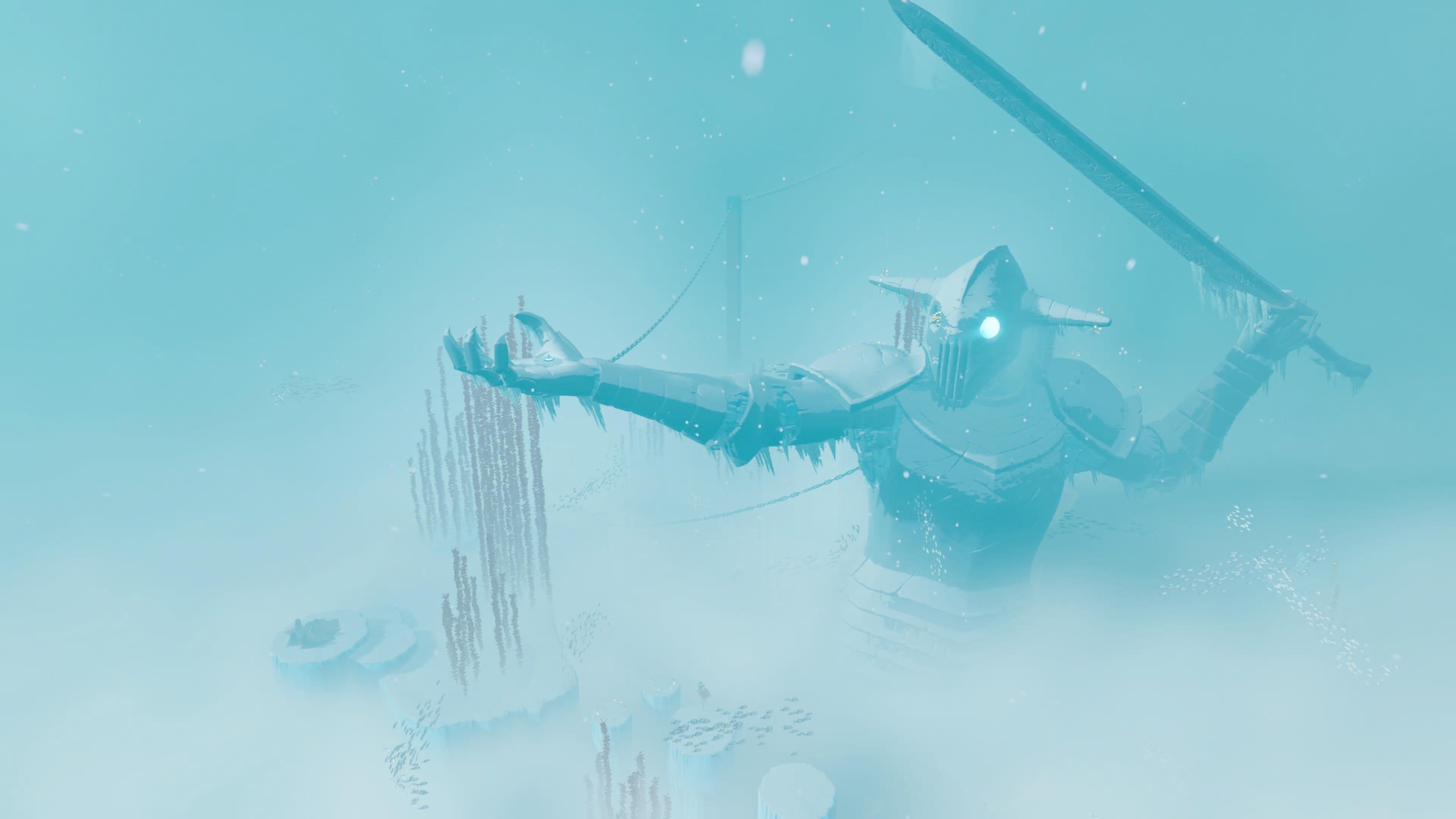 Sword of the Sea screenshot showing a mysterious giant statue in the fog