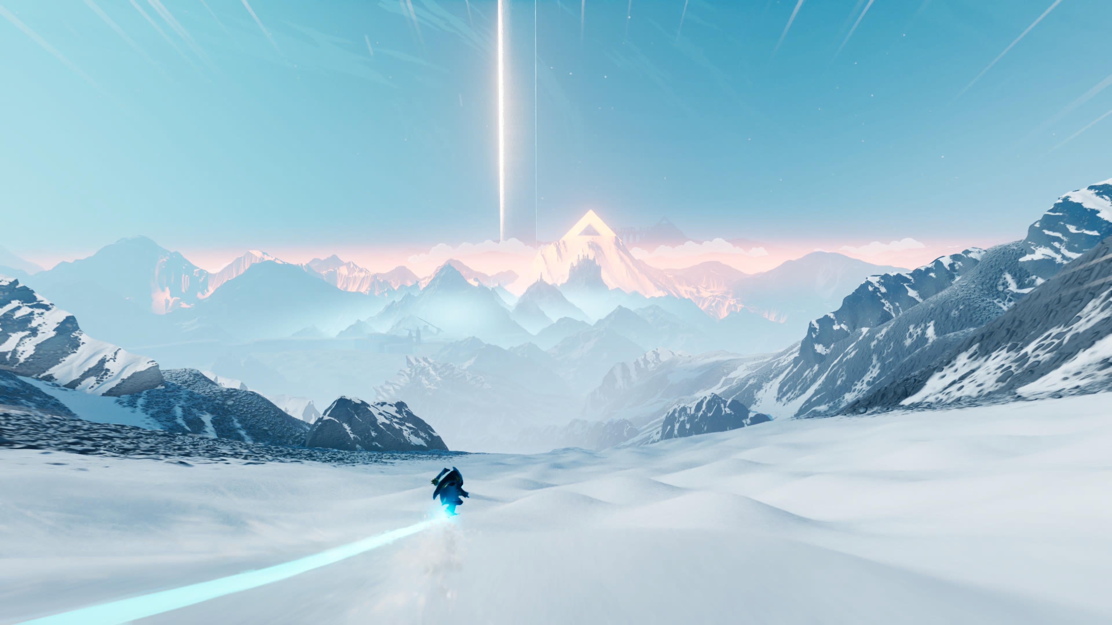 Sword of the Sea screenshot showing you zooming down the mountainside