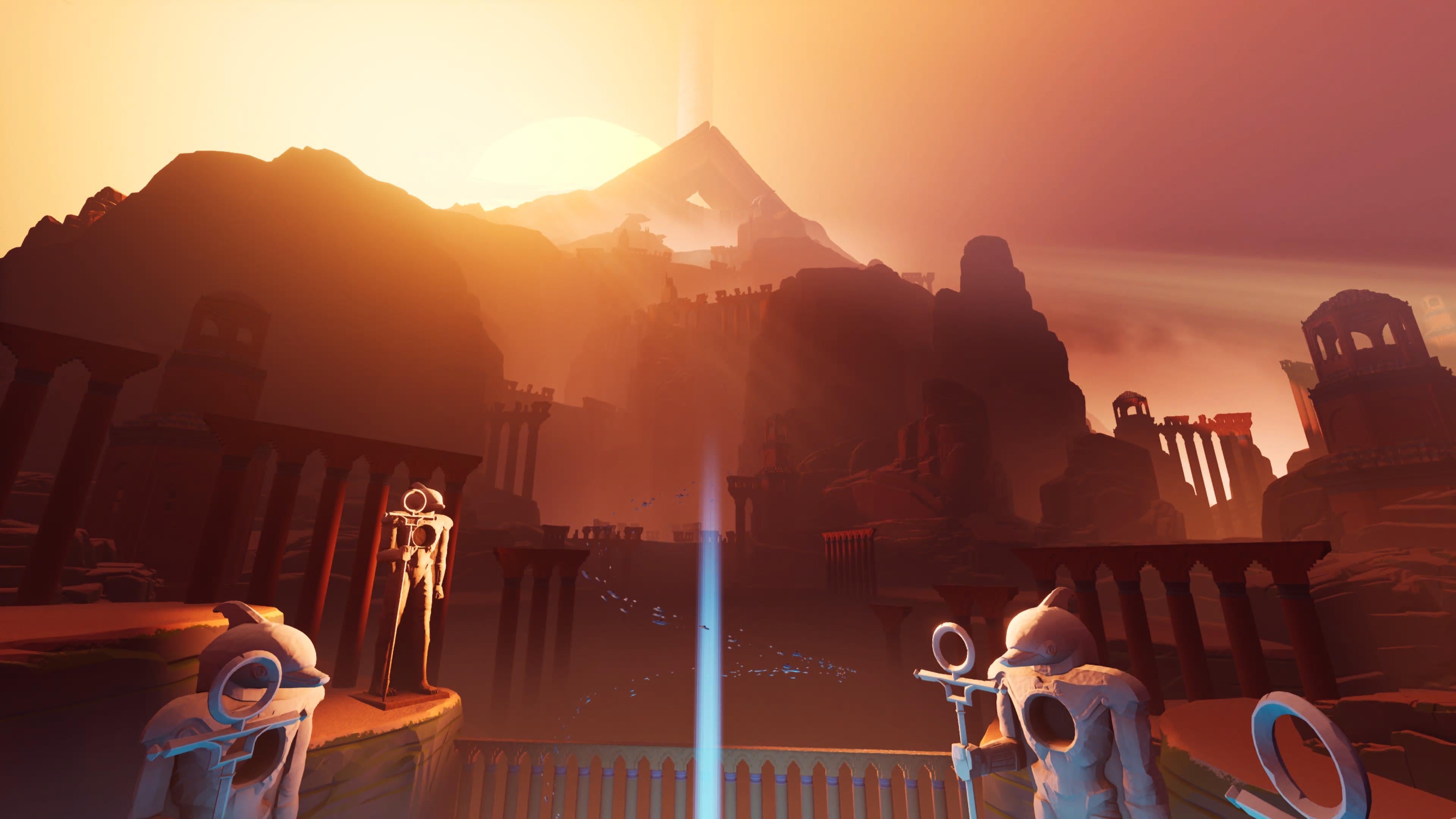 Sword of the Sea screenshot showing a distant pyramid-like mountain at ominous sunset, giant figures and ruins in the foreground