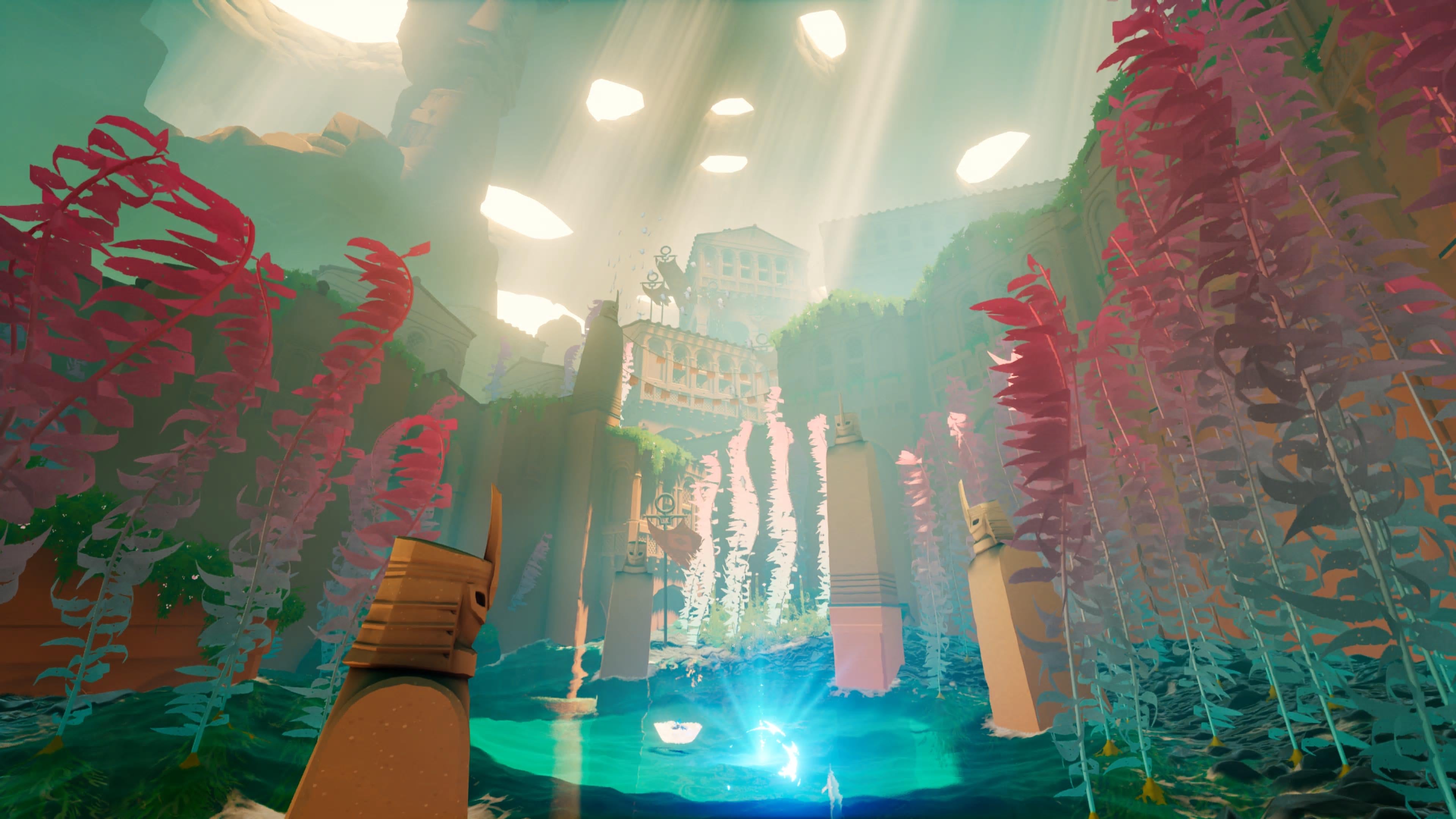 Sword of the Sea screenshot showing an underground grotto of kelp and water with light streaming in