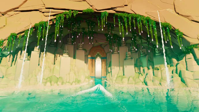 Sword of the Sea official screenshot showing a wall in the desert to a kind of temple, with mossy archway and magical water in front of it