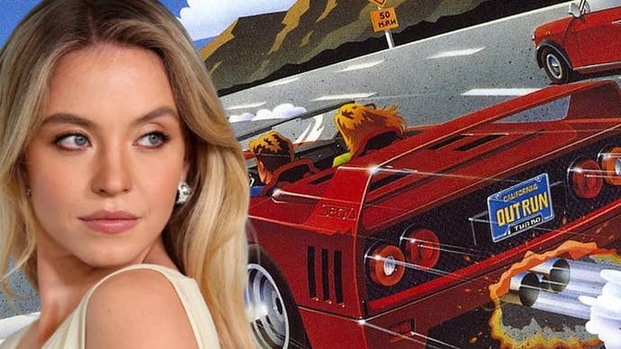 Sydnee Sweeney overlayed on an image of a Ferrari in OutRun