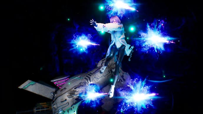 AI Magus female anime character summons blue laser orbs next to a bipedal mech