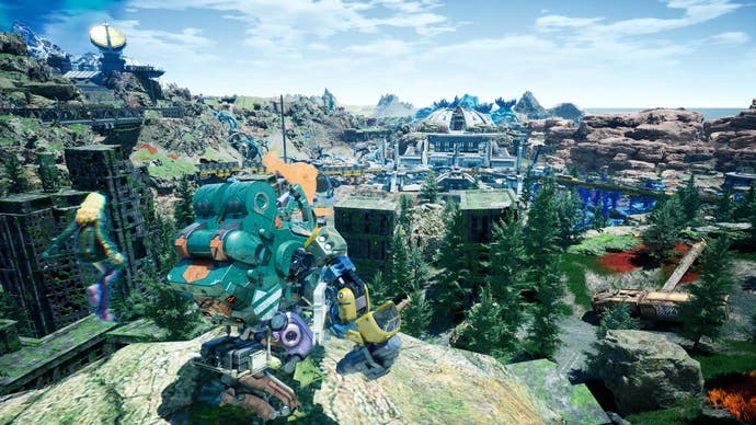 Bipedal mech with female anime Magus character look out over landscape of industrial facilities among grasslands and trees