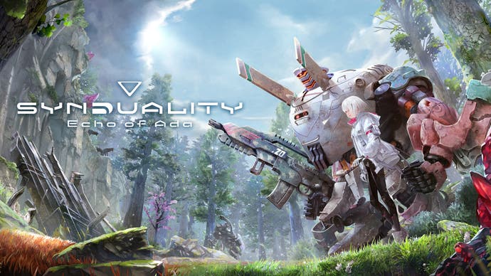 Artwork of Synduality Echo of Ada with logo on left and bipedal mech with female anime character on the right