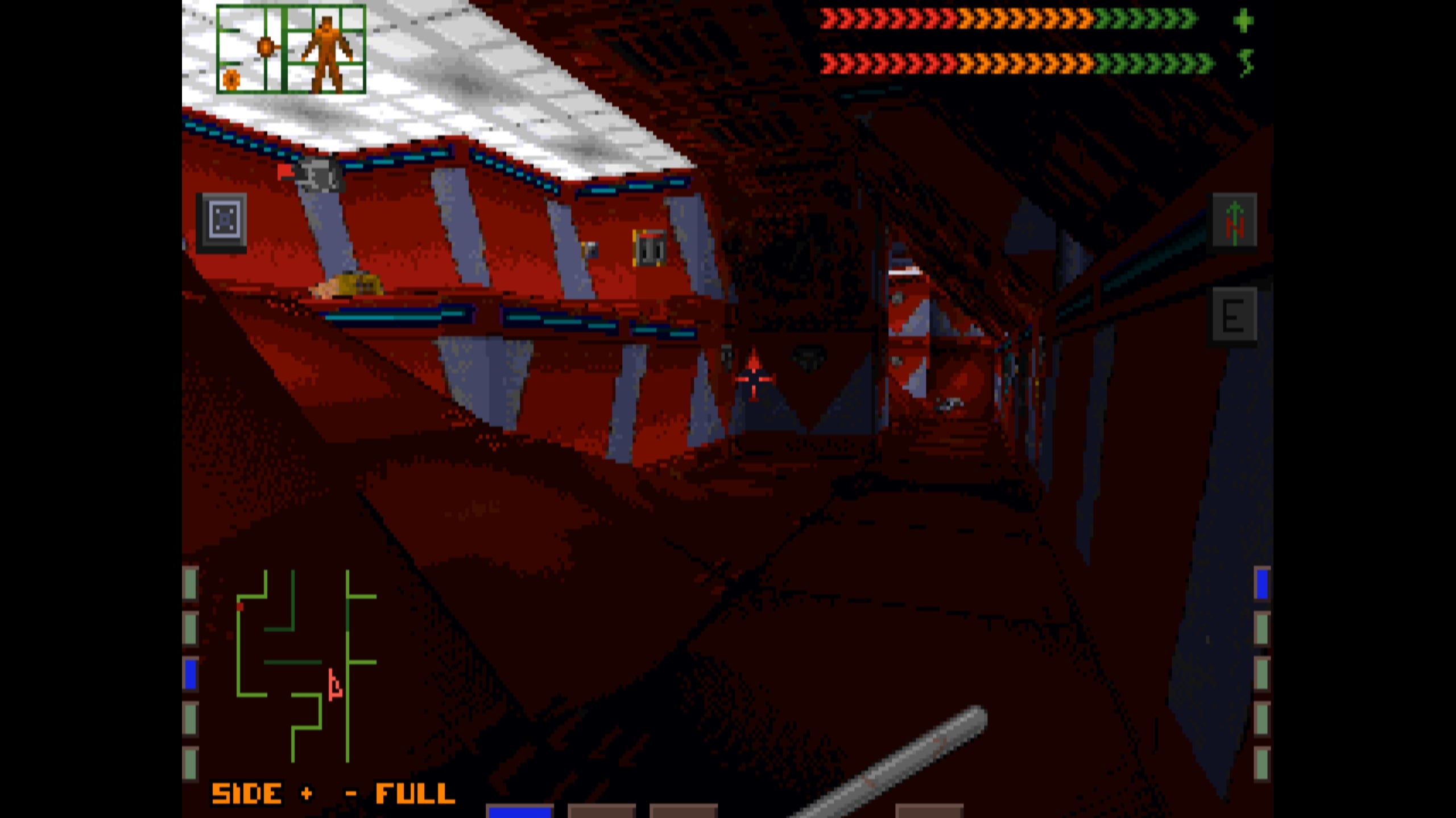 A dark hallway in the research labs in SSystem Shock Classic.