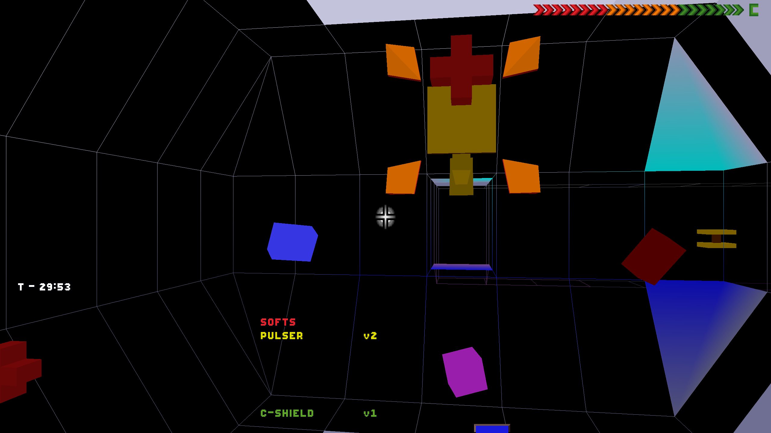 Cyberspace as seen in System Shock Enhanced Edition, with a distinct wireframe look.