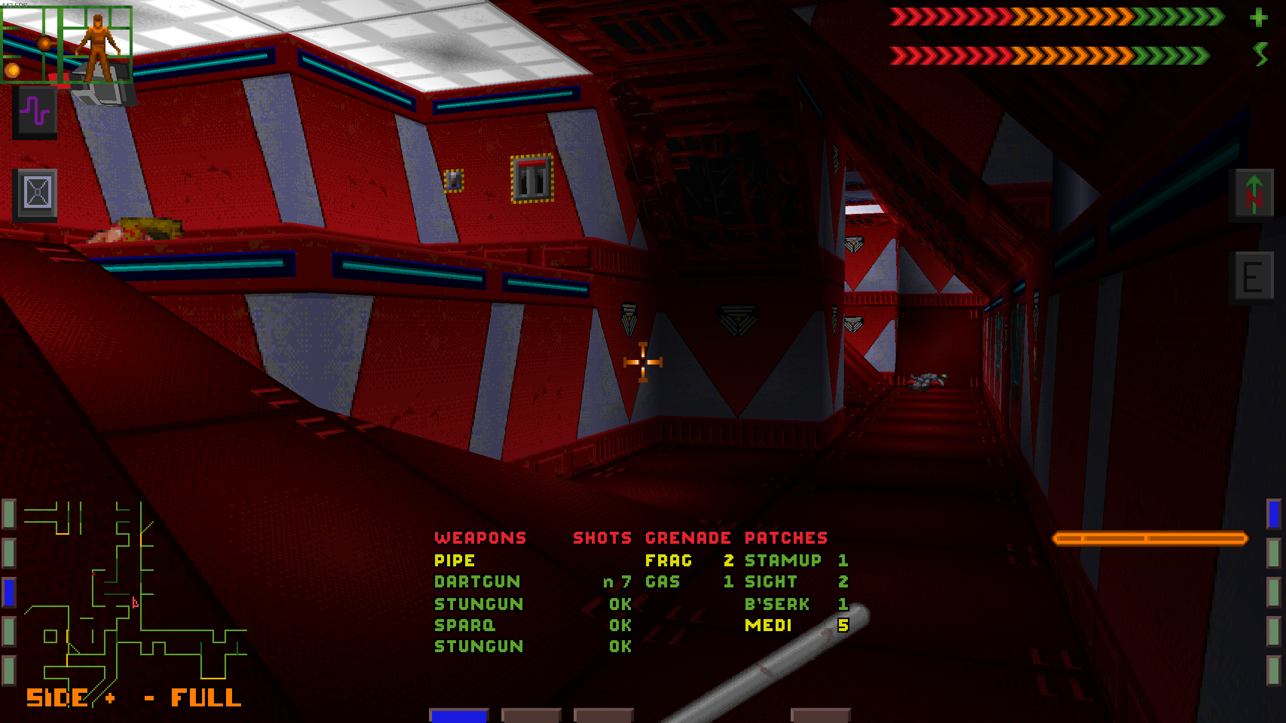 A dark hallway in the research labs in System Shock Enhanced Edition.