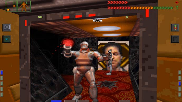 A monster approaches the player in a corridor in System Shock
