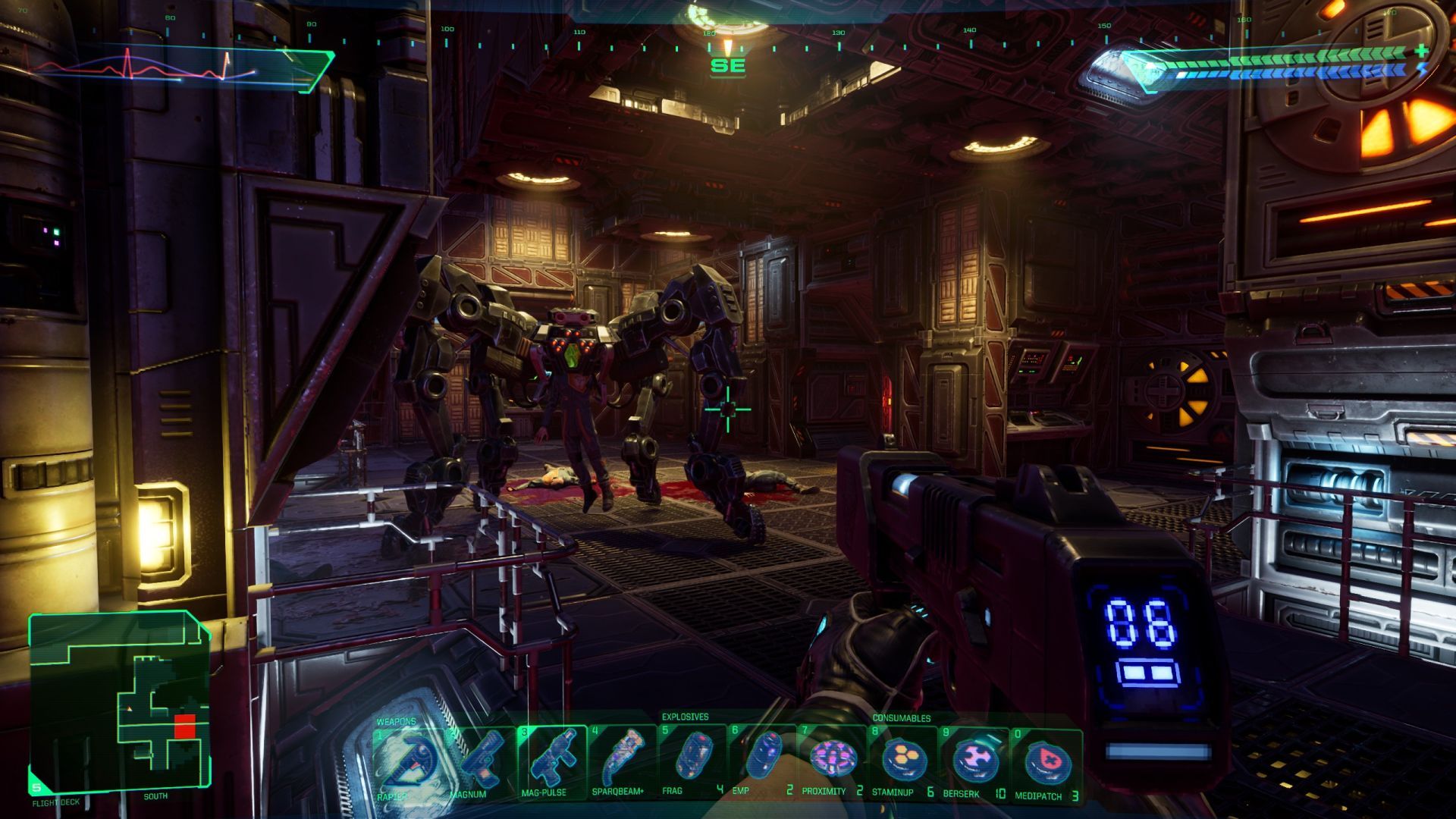 A machine with four legs lurks in a bunker, it looks like there&rsquo;s a human body hanging from it&rsquo;s centre in System Shock