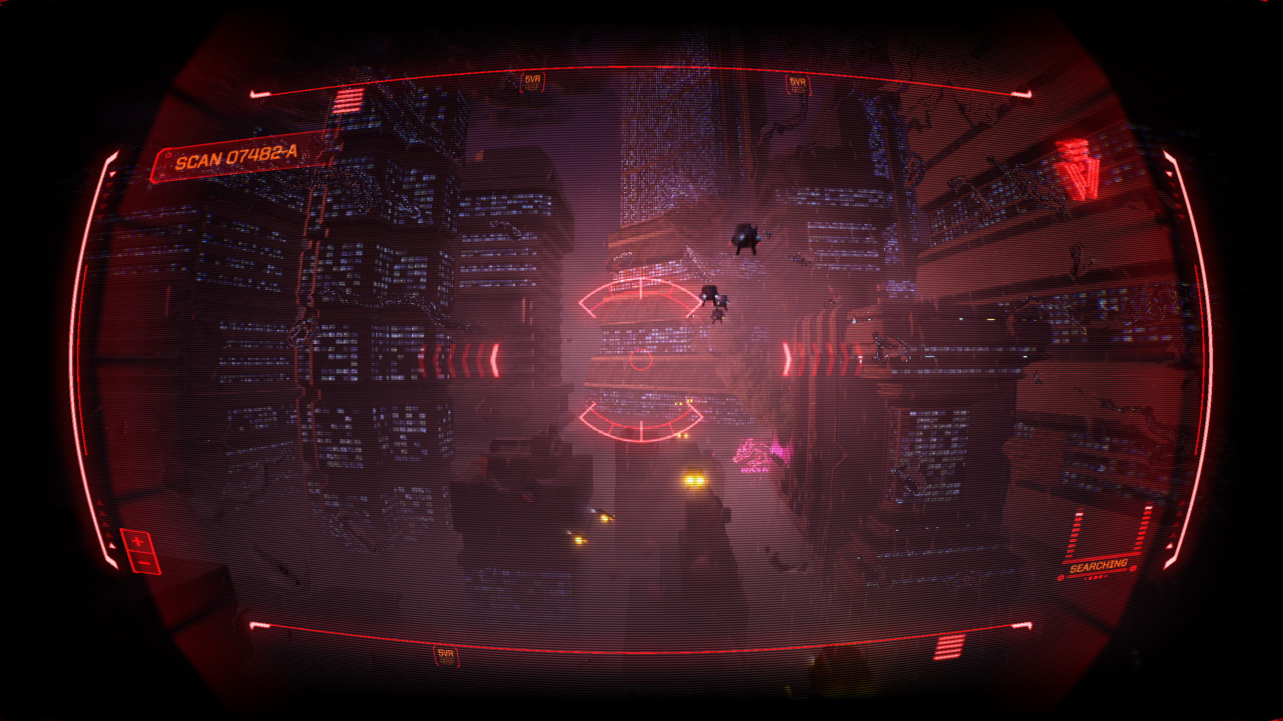 A drone flies through a sci-fi citscape in the System Shock remake intro.