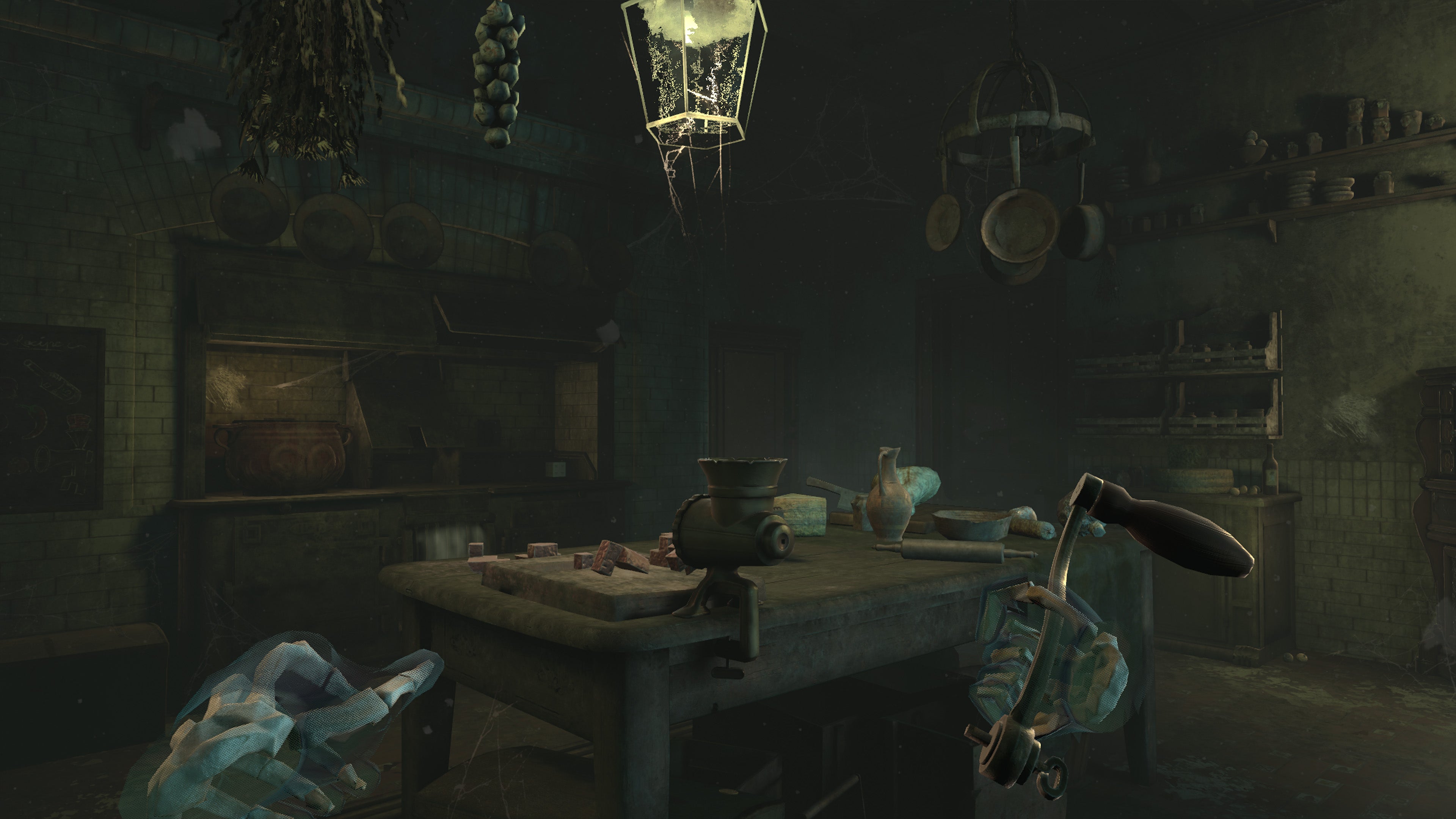 A screenshot of The 7th Guest VR showing an old-fashioned kitchen. The player&rsquo;s disembodied hands are holding a crank, and rotting food is piled high among the shadows.