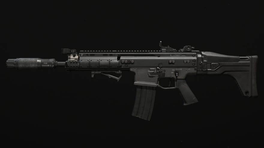 A close-up screenshot of the TAQ-56 from Modern Warfare 3.