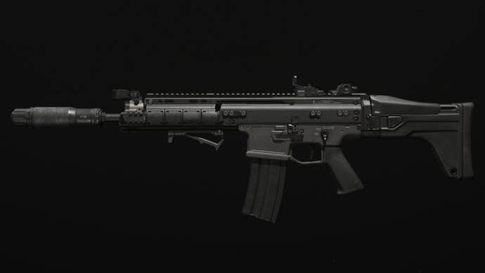 A close-up screenshot of the TAQ-56 from Modern Warfare 3.