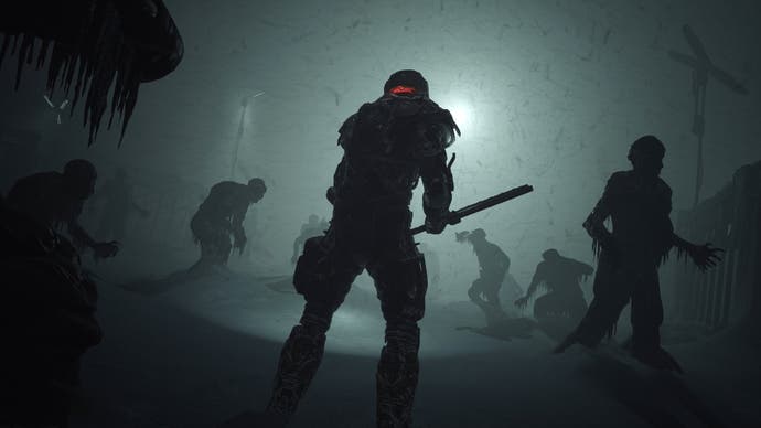 The Callisto Protocol - from behind, Jacob's silhouette as he staggers towards a group of zombies holding the riot baton
