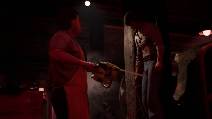 Leatherface stares at the bloodied corpse of a poor Victim who hangs from a meat hook. Blood splatters the wood, the torso, and Bubba’s chainsaw.