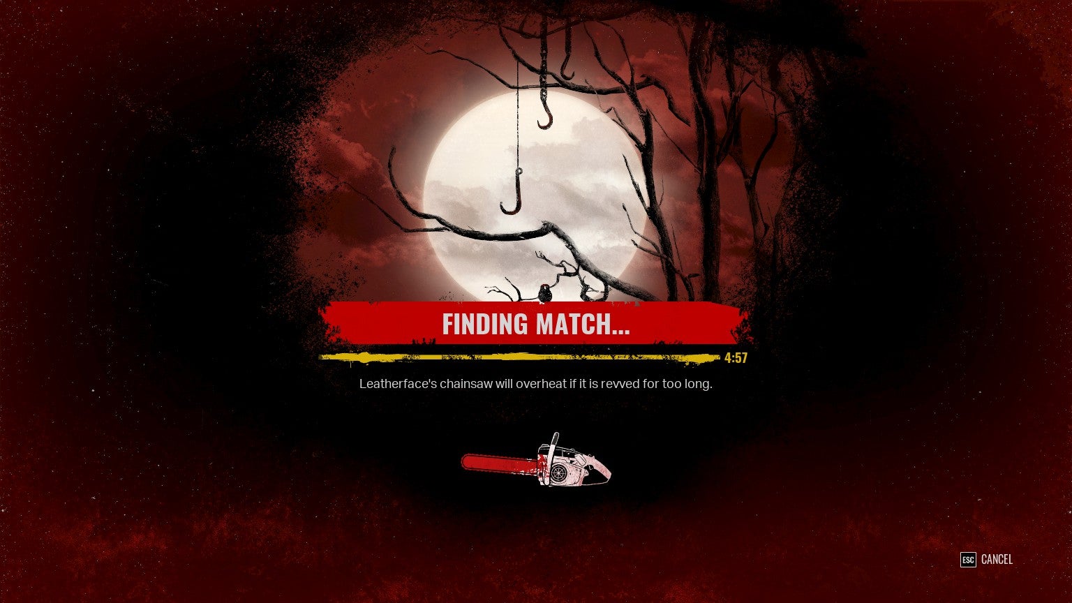 Get used to this screen - you&rsquo;ll be seeing it a lot. It&rsquo;s the &ldquo;Finding match&rdquo; Matchmaking screen with the timer on 4 mins 57 seconds. The hint &ldquo;Leatherface&rsquo;s chainsaw will overheat if it is revved for too long&rdquo; is displayed beneath.