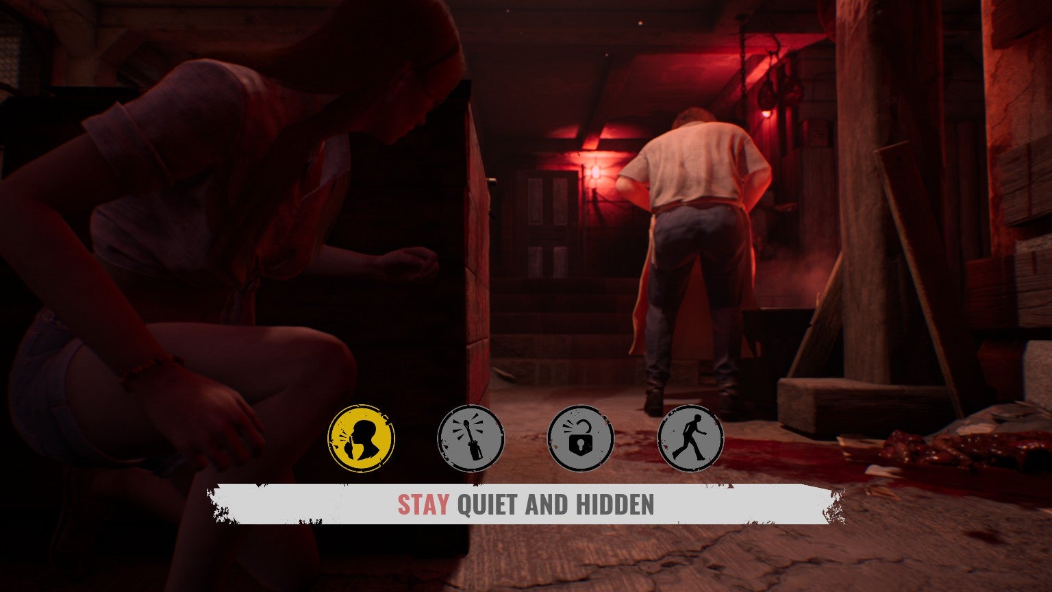 The same cinematic plays at the beginning of every match. This one remains Victims to &ldquo;stay quiet and hidden&rdquo; as Connie huddles in the foreground, watching Leatherface walk away in the background.