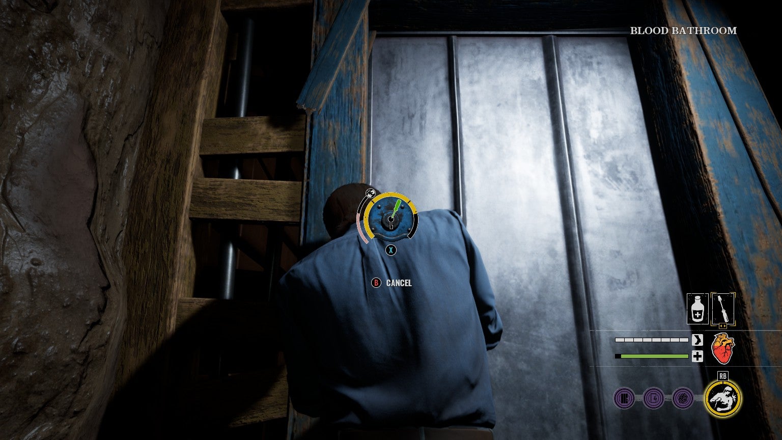 The Victim struggles with the lockpick mini-game that requires you to slowly and carefully pick a lock without alerting enemies.