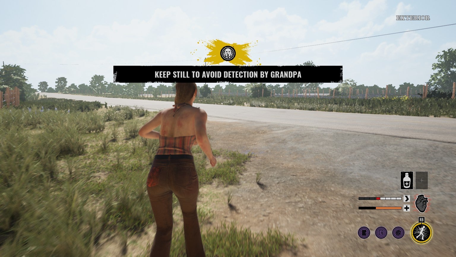 A Victim limps towards freedom. This road is safety, and means you&rsquo;ve escaped the Family. Still, the victim is reminded to keep still to avoid detection from Grandpa.