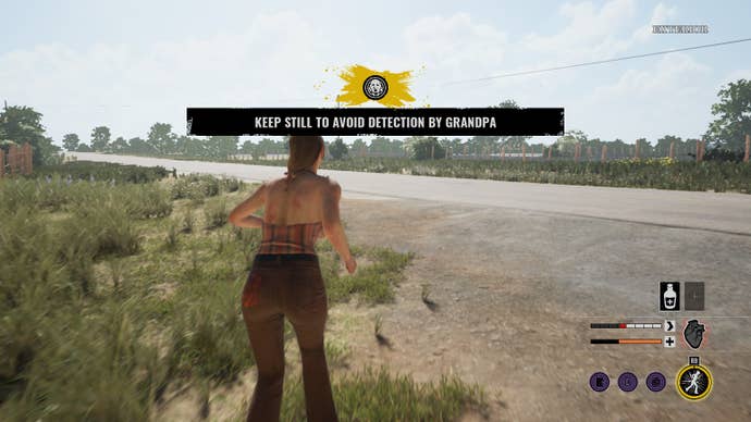 A Victim limps towards freedom. This road is safety, and means you’ve escaped the Family. Still, the victim is reminded to keep still to avoid detection from Grandpa.