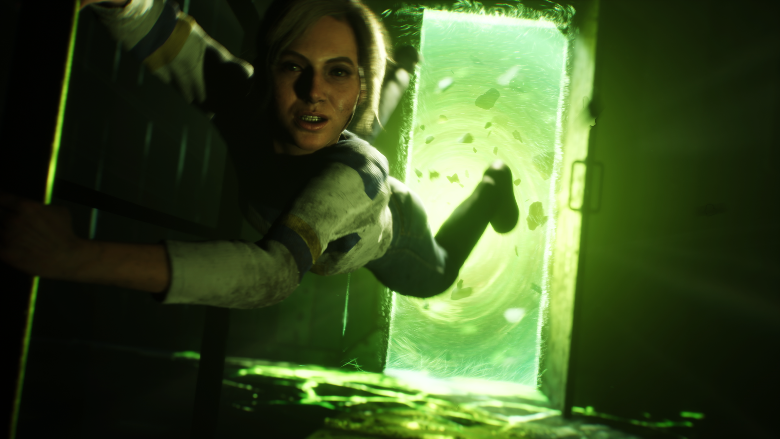 The Casting of Frank Stone screenshot showing woman about to fall into a door with a glowing green light