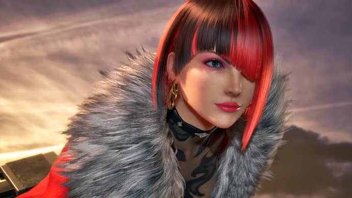 Close up of Anna Williams from her Tekken 8 gameplay trailer, with fluffy jacket and striking red hair