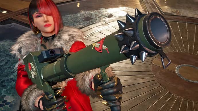 Tekken 8 character Anna Williams with red bob and fur coat aiming a bazooka