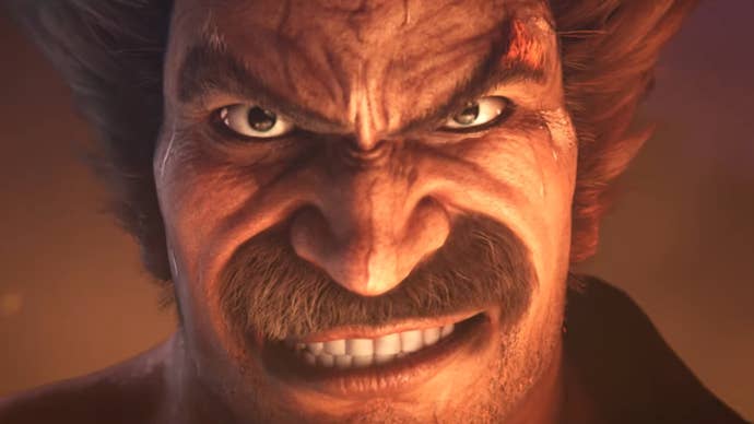 Extreme close up of moustachioed Heihachi from Tekken 8 trailer
