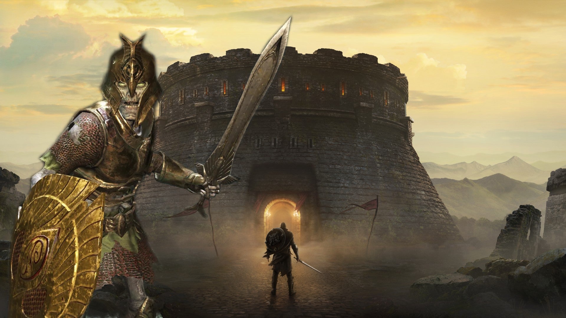 A skeletal soldier is overlayed onto an image of a character facing a dungeon in The Elder Scrolls: Blades - 1