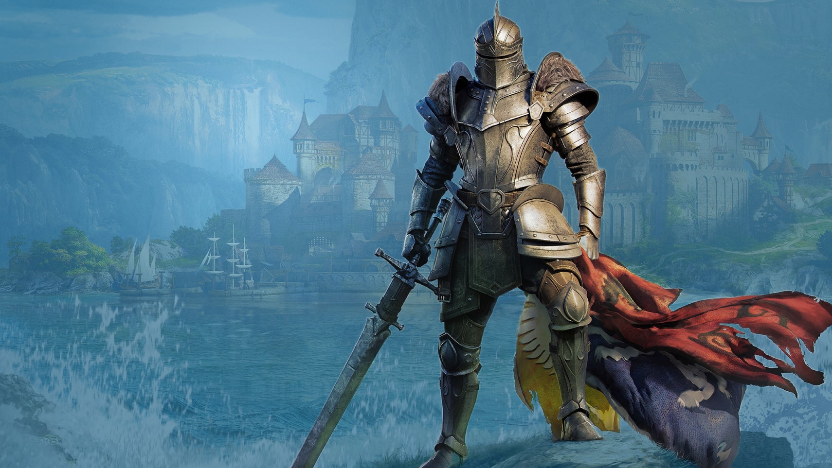 Một hiệp sĩ trong thế giới Elder Scrolls đứng trước thành phố, tay cầm lá cờ rách và thanh kiếm