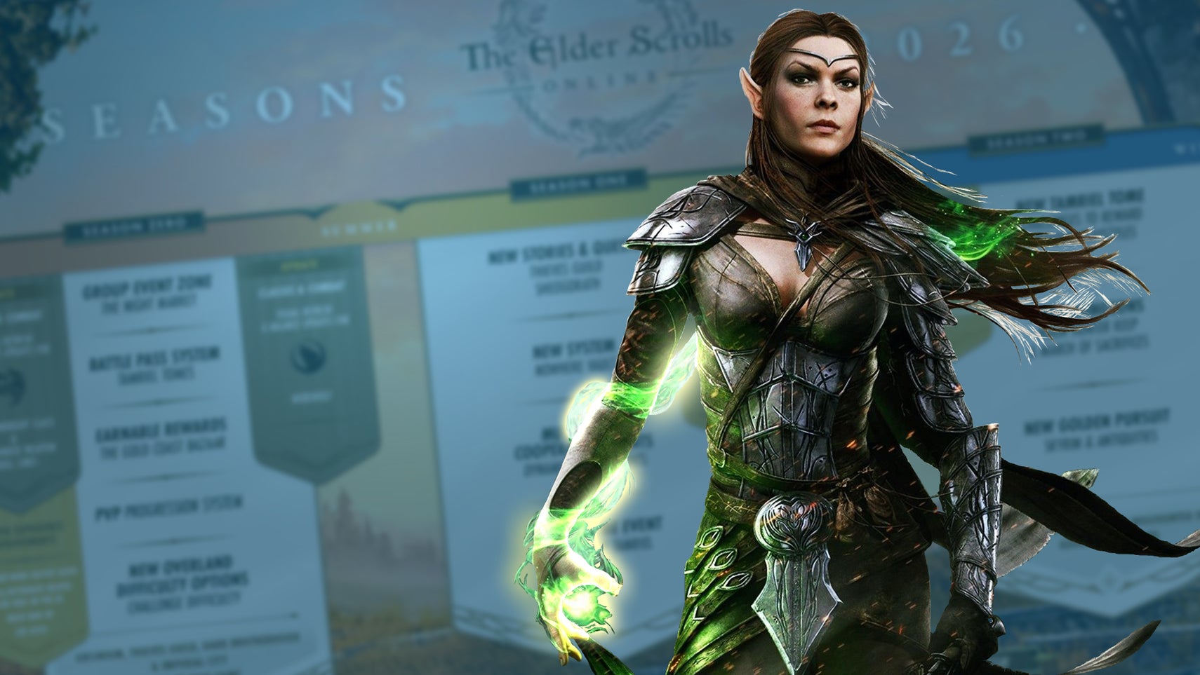A female elf stands in front of a roadmap for seasons 26/27 of The Elder Scrolls Online.