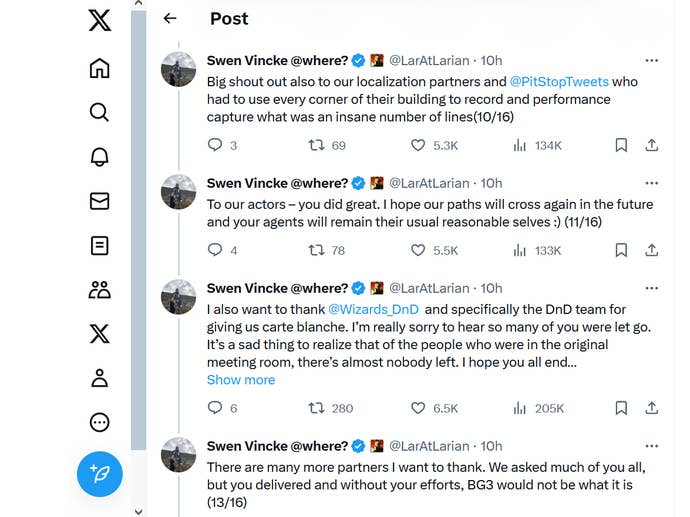 A screengrab of a Twitter/X feed showing Larian CEO Swen Vincke’s full remarks for his Game Award 2023 acceptance speech