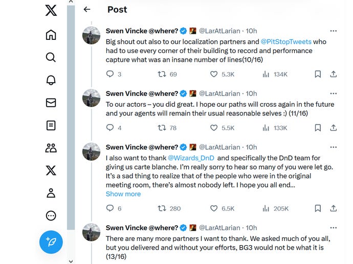 A screengrab of a Twitter/X feed showing Larian CEO Swen Vincke's full remarks for his Game Award 2023 acceptance speech