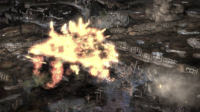 An explosion erupts onto the muddy battlefield in The Great War: Western Front