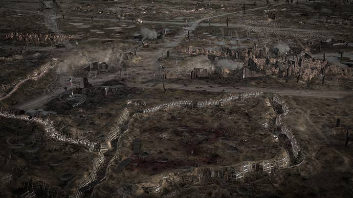 An overhead shot of WW1 trenches from The Great War: Western Front