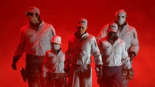 A team of The Finals in-game characters dressed in white with caps on red background