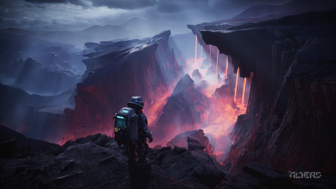 A character in a space suit stands looking out over a huge canyon that has lava pooling at the bottom of it. The whole scene is bathed in twilight and fog lingers in the air.
