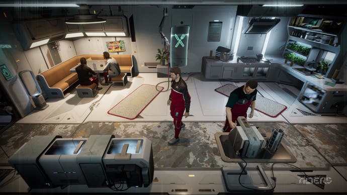 Four characters, all of whom look very similar, share a small space inside a futuristic base.