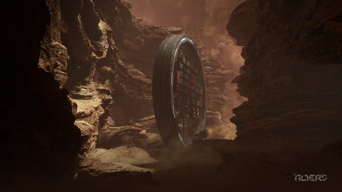 The large, thin, wheel-shaped base in The Alters, rolling through a canyon.
