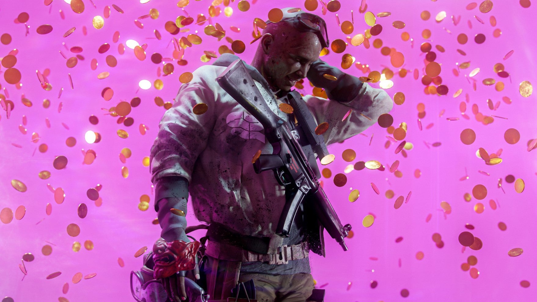 The Finals concept art of an armed character with gold coins falling on them