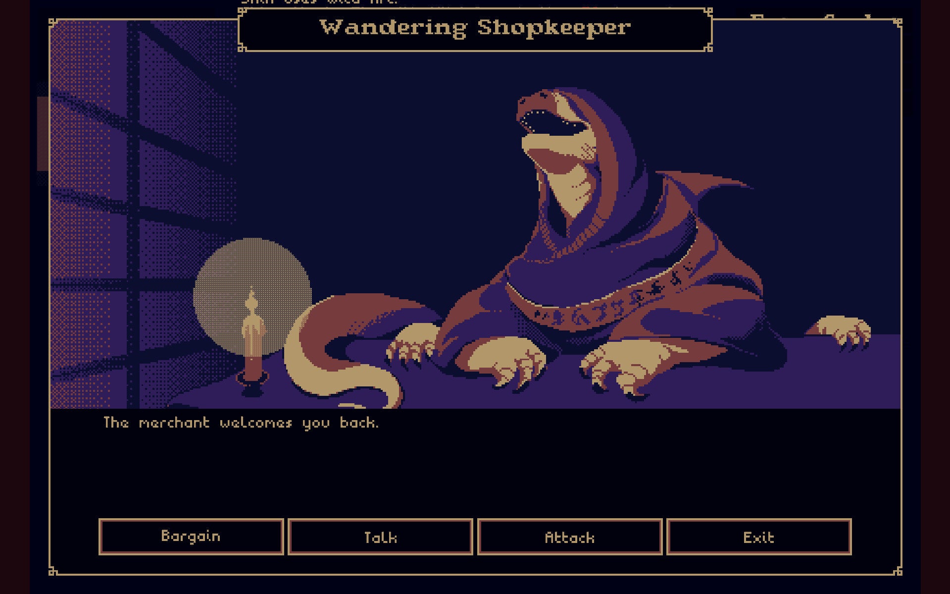 A reptilian shopkeeper in first person dungeon crawler THYSIASTERY. - 1