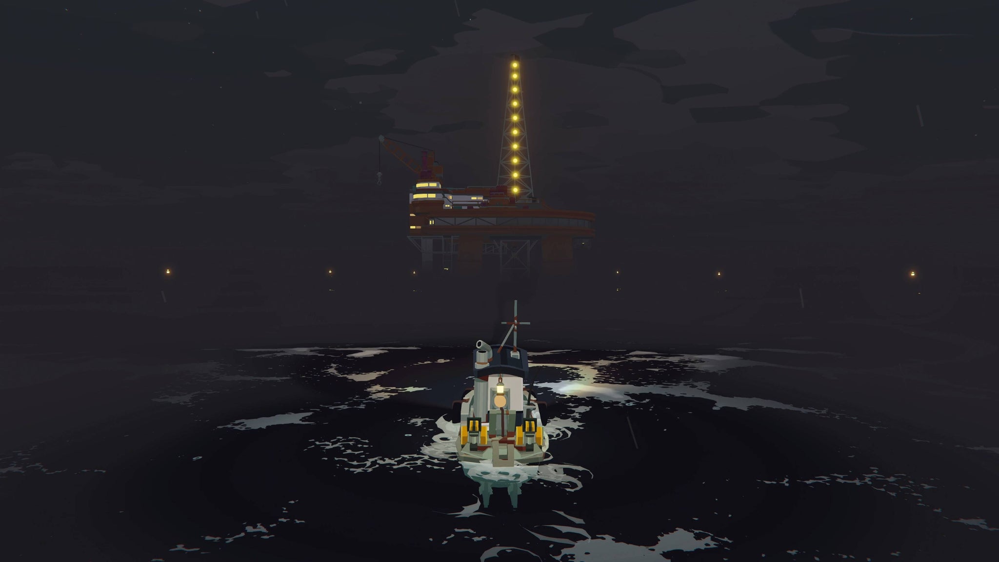 The player's ship approaching the iron rig in Dredge. - 4