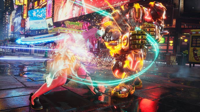 Tekken 8 screenshot showing Alisa and another combatant in a street going at it