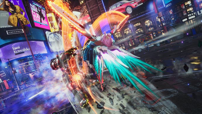 Tekken 8 screenshot showing Alisa attacking an enemy in a neon city street with a backflip attack