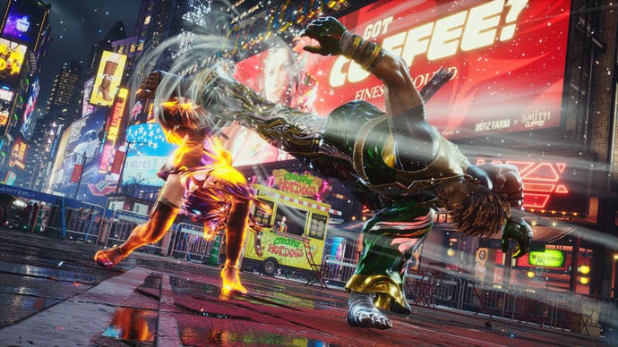 Eddy Gordo battles another character in Times Square alongside a swooping kick