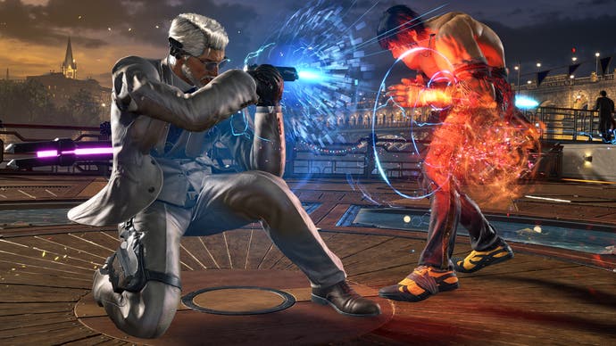 Tekken 8 screenshot showing Victor crouching and shooting an enemy with a pistol