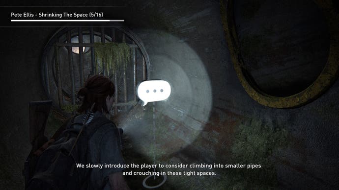 The Lost Levels: Seattle Sewer. Ellie is standing in front of a gigantic speech bubble, indicating director commentary. Pete Ellis gives commentary, saying: "We slowly introduce the player to consider climbing into smaller pipes and crouching in these tight spaces".